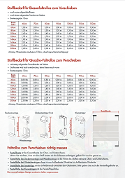 Abbildung der Maßanleitung und des Stoffbedarfs für Faltrollos zum Verschieben